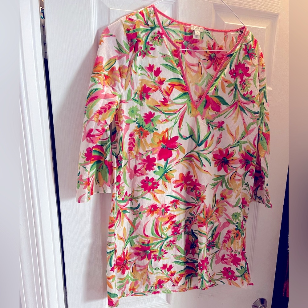 JCrew Tropical Print V Neck 100% cotton Tunic coverup 3/4 Sleeves in Medium